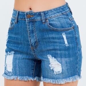 American Bazi High Waist Distressed Frayed Denim Shorts - Dark Wash 🇺🇸